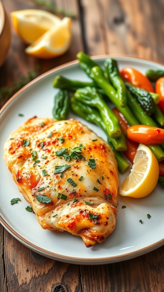 Juicy Air Fryer Chicken Breast Recipe Crispy air fryer chicken breast garnished with herbs, served with vegetables and lemon on a wooden table.